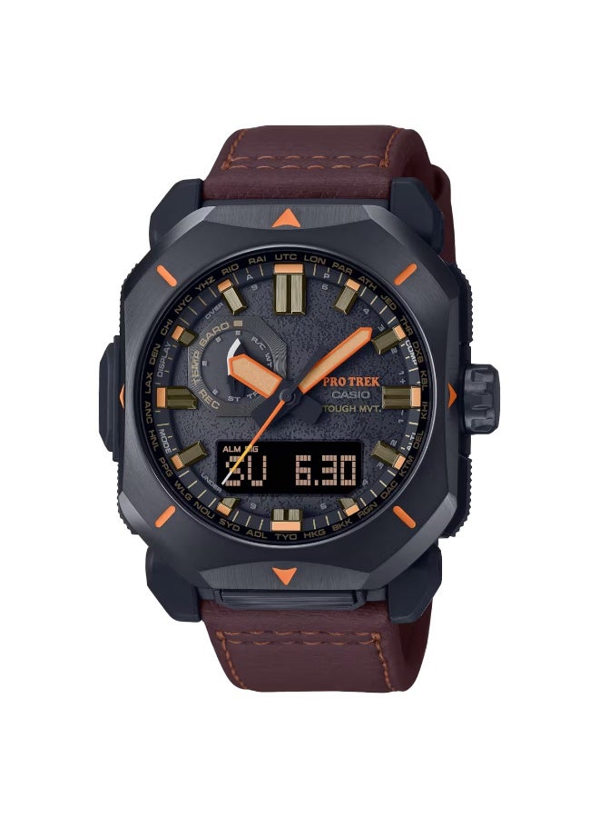 كاسيو Pro Trek Solar Analog‑Digital Men’s Watch PRW‑6900YL‑5PR, 49.6 mm Black Dial, Brown Leather Band, 100 m WR - Image 2